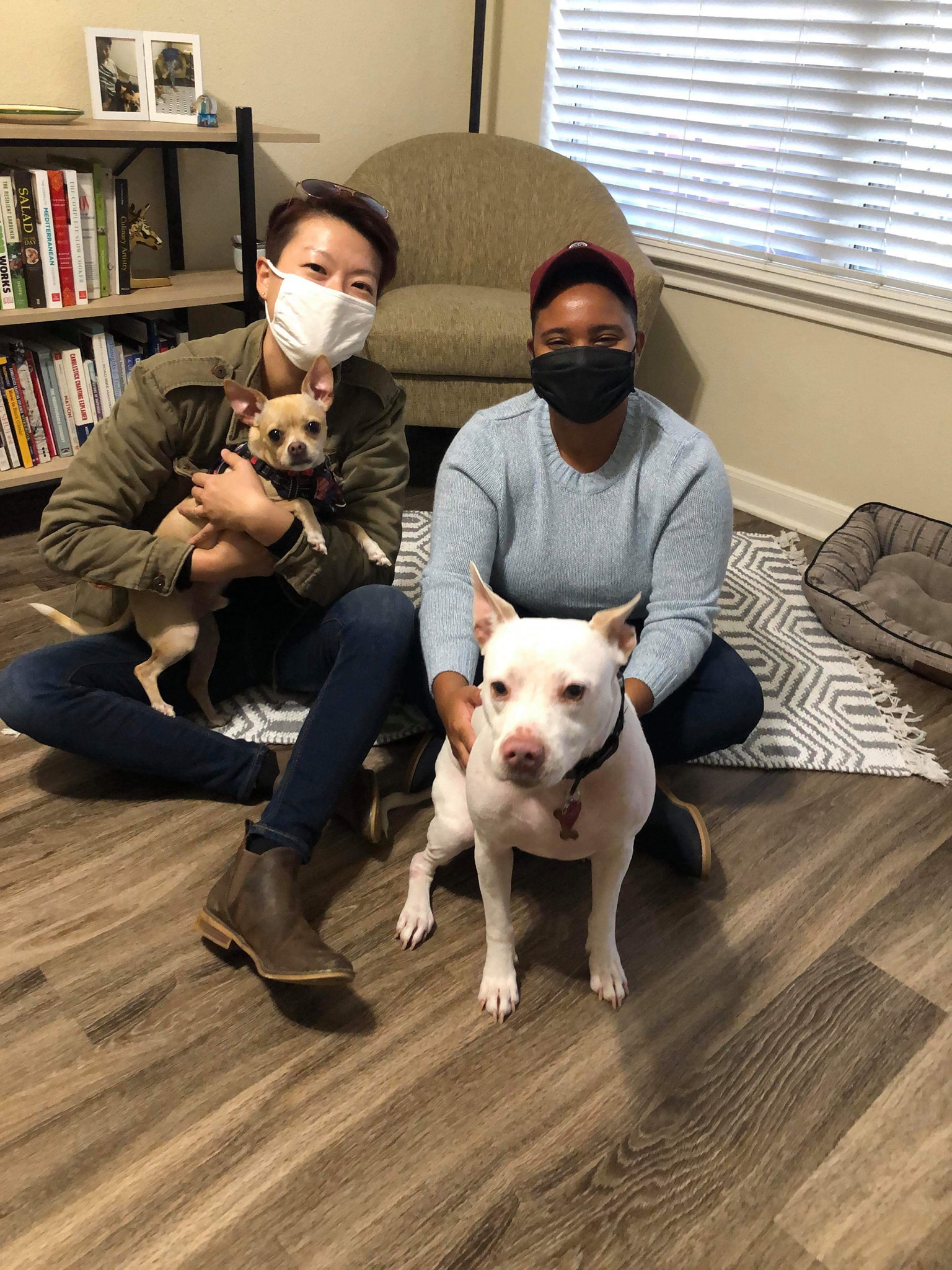 two man and two dogs sitting on the floor